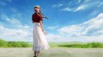  1girl aerith_gainsborough blue_sky bow bracelet braid braided_ponytail brown_hair cropped_jacket dress english_commentary final_fantasy final_fantasy_vii final_fantasy_vii_remake from_behind hair_bow highres jacket jewelry mountainous_horizon official_art pink_bow pink_dress realistic red_jacket sky solo square_enix tree 