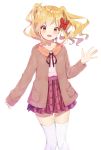  1girl :d aikatsu!_(series) aikatsu_stars! blonde_hair bow brown_eyes brown_jacket collarbone hair_bow hand_up jacket k_mugura long_sleeves neck_ribbon nijino_yume open_clothes open_jacket open_mouth plaid plaid_skirt pleated_skirt red_bow red_ribbon red_skirt ribbon shirt simple_background skirt sleeves_past_wrists smile solo thigh-highs thigh_gap twintails white_background white_legwear white_shirt 