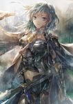  1girl black_legwear black_shorts blue_cape blue_eyes blue_hair byleth_(fire_emblem) cape closed_mouth cowboy_shot detached_collar fire_emblem fire_emblem:_three_houses floating_hair holding holding_sword holding_weapon legwear_under_shorts long_hair looking_at_viewer midriff misaki_yuu_(misaki_1192) navel open_fly pantyhose rain shiny shiny_hair short_shorts shorts solo standing stomach sword weapon 