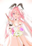  1boy absurdres artist_request astolfo_(fate) astolfo_(saber)_(fate) bangs bare_shoulders black_bow black_gloves black_ribbon blush bouquet bow bridal_veil bride detached_collar dress elbow_gloves fang fate/grand_order fate_(series) flower gloves hair_bow hair_intakes hair_ribbon highres holding holding_bouquet long_hair looking_at_viewer multicolored_hair open_mouth otoko_no_ko pink_hair ribbon simple_background smile solo streaked_hair sword twintails veil violet_eyes weapon wedding_dress white_background white_dress white_hair 
