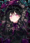  1girl achiki arms_up black_dress black_hair breasts closed_mouth dress expressionless floral_print flower leaf long_hair looking_at_viewer original petals pink_eyes purple_flower purple_ribbon ribbon rose small_breasts solo upper_body 