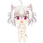  1girl ahoge animal_ear_fluff animal_ears bangs bare_arms bare_legs bare_shoulders barefoot blush bow bow_panties bra cat_ears cat_girl cat_tail chibi collarbone eyebrows_visible_through_hair full_body hair_between_eyes hair_ornament hair_rings hairclip highres long_hair looking_at_viewer navel nose_blush open_mouth original panties sakuraba_hikaru_(loveindog) sidelocks simple_background solo standing sugimura_runa tail training_bra underwear underwear_only violet_eyes wavy_mouth white_background white_bra white_panties 