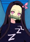  1girl alternate_costume bit_gag black_hair black_sweater contemporary forehead gag hair_ribbon kamado_nezuko kimetsu_no_yaiba mouth_hold multicolored_hair orange_hair pink_eyes pink_ribbon portrait print_sweater ribbon sherumaru_(korcht06) solo sweater two-tone_hair zzz 