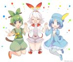  3girls :d :o bandaid bandaid_on_nose bangs blue_dress blue_eyes blue_footwear blue_hair blue_headwear blunt_bangs bow closed_eyes dress error facing_viewer green_bow green_hair grookey hair_bow hair_ornament hair_stick hairband hat highres holding_hand jumping looking_at_viewer multiple_girls open_mouth orange_footwear ougi_hina parted_bangs personification pokemon red_hairband scorbunny shorts simple_background smile sobble twitter_username white_background 