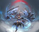  1girl absurdres animal_ears armor blue_theme bodysuit brown_hair dual_wielding extra_arms facial_tattoo full_body halo headgear highres holding long_hair looking_at_viewer mecha mecha_musume number_tattoo original red_eyes signature skin_tight smile solo syaha tail tattoo thigh-highs tsurime 
