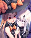  2girls :d abigail_williams_(fate/grand_order) bangs black_bow black_dress black_headwear blonde_hair bow closed_mouth commentary_request dress eye_contact fate/grand_order fate_(series) hands_up hat hat_bow highres holding_hands horn kurageso lavinia_whateley_(fate/grand_order) long_hair looking_at_another multiple_girls open_mouth orange_bow parted_bangs polka_dot polka_dot_bow red_eyes revealing_clothes short_sleeves smile stuffed_animal stuffed_toy teddy_bear upper_body violet_eyes white_hair wide-eyed witch_hat 