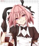  1boy asazuki_norito astolfo_(fate) astolfo_(saber)_(fate) bangs black_bow black_dress black_gloves black_neckwear black_ribbon blush bow bowtie buttons dress fate/grand_order fate_(series) gloves grin hair_between_eyes hair_bow hair_intakes hair_ribbon juliet_sleeves long_hair long_sleeves looking_at_viewer low_twintails multicolored_hair otoko_no_ko pink_hair puffy_sleeves ribbon smile solo streaked_hair twintails twitter_username violet_eyes white_hair wide_sleeves wing_collar 