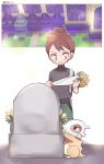  1boy backpack bag black_shirt bouquet brown_eyes brown_hair cubone flower graveyard holding holding_bouquet pokemon pokemon_(game) pokemon_lgpe pokemon_tower shin_(pokemon) shirt short_hair smile tombstone turtleneck 