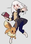  1girl artist_name blue_legwear book commentary do_m_kaeru eevee fire_emblem fire_emblem:_three_houses full_body garreg_mach_monastery_uniform gen_1_pokemon grey_background holding holding_book long_hair long_sleeves lysithea_von_ordelia no_sclera open_book open_mouth pink_eyes pokemon pokemon_(creature) simple_background uniform white_hair 