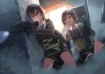  2girls bangs black_hair brown_eyes commentary_request dreadtie earphones gloves gun hair_between_eyes holding holding_gun holding_weapon indoors knee_pads kneeling multiple_girls necktie original pleated_skirt school_uniform short_hair shotgun shotgun_shells skirt sweater thigh-highs weapon 