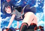  1girl :d absurdres ass azur_lane bent_over black_hair black_legwear blush clouds cloudy_sky day fingerless_gloves gloves hat highres huge_filesize jacket long_hair looking_at_viewer one_side_up open_mouth red_eyes scan sky smile solo swimsuit thigh-highs u-73_(azur_lane) watercraft yano_mitsuki 