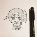  1girl :d blush chibi full_body hair_between_eyes hakama_skirt japanese_clothes kaga_(kantai_collection) kantai_collection monochrome open_mouth pen photo short_hair side_ponytail sketch smile solo standing taisa_(kari) tasuki thigh-highs traditional_media 