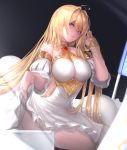  1girl absurdres bare_shoulders black_background blonde_hair breasts choker detached_sleeves dress dress_lift granblue_fantasy hair_between_eyes hair_intakes highres impossible_clothes jeanne_d&#039;arc_(granblue_fantasy) large_breasts long_hair simple_background sitting solo violet_eyes white_dress youximiaomiao 