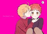  2boys arthur_pendragon_(fate) blonde_hair cheek_kiss emiya_shirou fate/prototype fate/stay_night fate_(series) hakura13 kiss multiple_boys redhead 