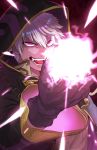  1boy black_coat brown_gloves fangs fire_emblem fire_emblem_awakening gloves highres hood hood_up hooded_coat long_sleeves looking_at_viewer magic mai0124 male_focus robin_(fire_emblem) shiny shiny_hair silver_hair solo 