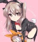  1girl animal_costume animal_ears artist_name bandages bangs black_jacket black_leotard black_ribbon boko_(girls_und_panzer) bow bowtie breasts brown_eyes bunny_costume bunny_tail bunnysuit character_name closed_mouth coattails collar commentary detached_collar eyebrows_visible_through_hair fake_animal_ears fake_tail fishnet_legwear fishnets girls_und_panzer hair_ribbon highres holding holding_stuffed_animal jacket kuroi_mimei leaning_forward leotard light_brown_hair light_smile long_hair long_sleeves looking_at_viewer one_side_up pink_background rabbit_ears red_neckwear ribbon shimada_arisu signature simple_background small_breasts solo standing stuffed_animal stuffed_toy tail teddy_bear thigh-highs white_collar wing_collar 