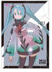  1girl alternate_costume black_legwear character_name commentary commission commissioner_upload english_commentary green_eyes greyscale hatsune_miku headphones jpeg_artifacts long_hair monochrome raincoat see-through short_shorts shorts shrug_(clothing) solo thigh-highs tim_loechner twintails very_long_hair vocaloid zoom_layer 