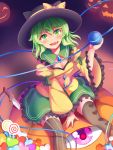  1girl :d bangs between_legs black_headwear blush bow candy commentary_request eyebrows_visible_through_hair fang food green_eyes green_hair hand_between_legs hat hat_bow heart highres holding jack-o&#039;-lantern knife komeiji_koishi lollipop long_sleeves looking_at_viewer mismatched_legwear nagomian open_mouth puffy_long_sleeves puffy_sleeves sitting skirt smile solo striped striped_legwear swirl_lollipop third_eye touhou wide_sleeves yellow_bow 