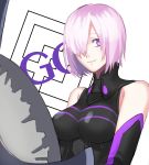  1girl black_gloves closed_mouth copyright_name elbow_gloves fate/grand_order fate_(series) gloves highres looking_at_viewer mai0124 mash_kyrielight pink_hair shield shiny shiny_hair short_hair smile solo upper_body violet_eyes white_background 