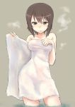  1girl absurdres bangs belt blush breasts brown_belt brown_eyes brown_hair closed_mouth commentary contrapposto ennui_orz girls_und_panzer hand_on_own_chest highres light_frown looking_at_viewer medium_breasts naked_towel nishizumi_maho open_towel opened_by_self short_hair simple_background solo standing steam towel wading white_towel 