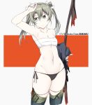  1girl black_panties bow_(weapon) breasts clothes_removed collarbone cowboy_shot dark_green_hair green_eyes grey_legwear kantai_collection long_hair looking_back navel panties sarashi side-tie_panties small_breasts solo souji standing thigh-highs twintails two-tone_background underwear weapon white_background zuikaku_(kantai_collection) 