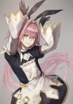  1boy absurdres aito arms_up astolfo_(fate) astolfo_(saber)_(fate) bangs black_bow black_gloves black_ribbon bow bowtie commentary_request dress eyebrows_visible_through_hair fate/grand_order fate_(series) gloves grey_background hair_between_eyes hair_bow hair_intakes hair_ribbon highres long_hair long_sleeves looking_at_viewer otoko_no_ko pink_hair ribbon simple_background solo twintails violet_eyes 