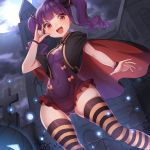  1girl absurdres bang_dream! bangs bat_hair_ornament black_ribbon breasts commentary_request eyebrows_visible_through_hair fangs from_below hair_ornament hair_ribbon halloween highres huge_filesize long_hair looking_at_viewer moon open_mouth planetarium_(platinumstars) purple_hair red_eyes ribbon small_breasts smile solo striped striped_legwear thigh-highs twintails udagawa_ako wide_hips 