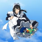  1girl black_hair blue_sky bonnet bow braid braided_ponytail brooch closed_eyes clouds commentary day dress grabbing hair_bow indy_grab jewelry jumping long_hair maid maid_headdress original outdoors pantyhose pinafore_dress skateboard skateboarding sky solo suzushiro_(suzushiro333) 