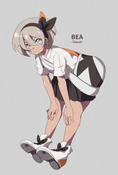  1girl alternate_costume artist_name bag black_skirt commentary dark_skin eyebrows_visible_through_hair grey_background grey_hair gurepyon gym_leader hairband looking_at_viewer pokemon pokemon_(game) pokemon_swsh saitou_(pokemon) shoes short_hair simple_background solo white_footwear 