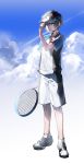  1boy absurdres adjusting_headwear bandage_on_face black_hair blue_eyes blue_sky clouds day full_body hand_up highres holding_racket hoshiai_no_sora huge_filesize katsuragi_maki looking_at_viewer male_focus racket shoes short_sleeves shorts sky sneakers solo sportswear standing visor_cap yukikohuang 