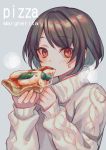  1girl aran_sweater black_hair blush cheese eating eyebrows_visible_through_hair food grey_background highres holding holding_food looking_at_viewer original pizza red_eyes short_hair simple_background sleeves_past_wrists slice_of_pizza solo steam sweat sweater turtleneck turtleneck_sweater white_sweater zoff_(daria) 