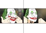  artbook arthur_fleck artist_request brown_eyes card forced_smile green_hair joker joker_(2019) light playing_card simple_background smiley_face 