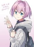  1girl backpack bag beige_background blue_eyes character_name dated gradient gradient_background grey_sweater highres hood hooded_sweater hoodie kantai_collection long_sleeves pink_hair ponytail shiranui_(kantai_collection) short_hair smile solo sweater twitter_username u_yuz_xx upper_body waving white_background 