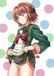  1girl black_ribbon blue_eyes brown_hair candy cowboy_shot food green_jacket green_sailor_collar green_skirt hachijou_(kantai_collection) hair_ribbon jacket kantai_collection lollipop long_sleeves looking_down mayura2002 neck_ribbon panties pleated_skirt polka_dot polka_dot_background red_ribbon ribbon sailor_collar school_uniform serafuku short_hair skirt skirt_lift solo underwear white_background white_panties 