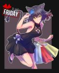  1girl animal_ears bag black_dress black_footwear black_hair blake_belladonna bow cat_ears cat_tail credit_card dress halter_dress highres iesupa pun ribbon rwby shoes shopping_bag short_hair solo tail yellow_eyes 