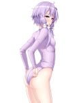  1girl adjusting_clothes adjusting_leotard ass commentary_request cowboy_shot embarrassed highres leotard long_sleeves looking_at_viewer low_twintails open_mouth purple_hair purple_leotard ribbed_sweater riki_(power_step) short_hair_with_long_locks simple_background solo sweater turtleneck_leotard twintails violet_eyes voiceroid white_background yuzuki_yukari 