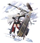  1girl aircraft animal azur_lane bald_eagle belt bird black_coat black_legwear black_skirt bow_(weapon) closed_mouth clouds coat collared_shirt drawing_bow dress_shirt eagle enterprise_(azur_lane) expressionless f6f_hellcat flight_deck floating_hair gloves hao_(patinnko) hat highres long_hair long_sleeves looking_away machinery military military_uniform miniskirt necktie official_art open_clothes open_coat peaked_cap pleated_skirt rudder_footwear shirt shoes silver_hair skirt solo thigh-highs transparent_background uniform violet_eyes weapon white_gloves white_headwear white_shirt zettai_ryouiki 