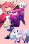  1boy absurdres ahoge beet_(pokemon) blonde_hair curly_hair galarian_ponyta gloves highres jacket jewelry pink_jacket pokemon pokemon_(game) pokemon_swsh ponyta popped_collar short_hair single_glove smile solosis violet_eyes 