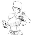  1girl belt_pouch beret breasts clenched_hands dated fingerless_gloves gloves hat jill_valentine large_breasts monochrome police_badge pouch resident_evil resident_evil_1 shirt shoulder_pads signature sketch solo t-shirt tsukudani_(coke-buta) 