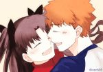  1boy 1girl black_hair emiya_shirou fate/hollow_ataraxia fate/stay_night fate_(series) oreh-stl red_sweater redhead smile sweater toosaka_rin twintails 