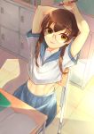  1girl abs arm_behind_head arms_up bangs book braid brown_eyes brown_hair chair classroom crop_top desk evening eyebrows_visible_through_hair glasses hair_ornament hair_over_shoulder hairclip highres holding holding_pencil inaba_makoto indoors locker long_hair looking_at_viewer looking_up midriff mole mole_under_eye navel on_chair open_book original parted_lips pencil pleated_skirt rimless_eyewear round_eyewear sailor_collar school school_chair school_desk school_uniform serafuku shade short_sleeves sitting skirt solo stretch sunlight tile_floor tiles twin_braids twintails 