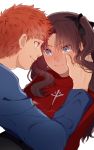  1boy 1girl bangs black_hair black_ribbon blue_eyes blue_sweater closed_mouth commentary_request creat crying crying_with_eyes_open emiya_shirou eyebrows_visible_through_hair eyes_visible_through_hair fate/stay_night fate_(series) hair_ribbon highres long_sleeves red_sweater redhead ribbon simple_background sweater tears toosaka_rin twintails white_background wiping_tears yellow_eyes 