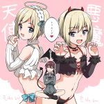  2girls :d angel_and_devil background_text bangs black_footwear black_hairband black_panties black_sleeves black_wings blonde_hair blue_eyes blush boots brown_hair claw_pose closed_eyes closed_mouth collared_shirt crop_top crossed_arms demon_girl demon_horns demon_tail demon_wings detached_sleeves erica_hartmann eyebrows_visible_through_hair fake_horns fake_wings fang fur-trimmed_sleeves fur_trim gertrud_barkhorn grey_jacket hair_between_eyes hairband halo hands_clasped hands_up highres horns ichiren_namiro jacket long_hair long_sleeves low_twintails mini_wings multiple_girls navel open_mouth own_hands_together panties pink_background shirt short_hair sidelocks sitting sleeves_past_wrists smile strike_witches sweat tail translated twintails underwear wavy_mouth white_panties white_shirt white_sleeves white_wings wings world_witches_series 