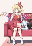  2girls armband black_vest blonde_hair blush bobby_socks bow commentary_request couch cravat demon_wings eyebrows_visible_through_hair finger_to_cheek flandre_scarlet hair_between_eyes hair_bow head_tilt head_wings koakuma lap_pillow long_hair long_sleeves looking_at_viewer lying multiple_girls no_hat no_headwear no_shoes on_side one_eye_closed pointy_ears puffy_short_sleeves puffy_sleeves red_eyes red_skirt red_vest redhead ryuuno_stadtfeld shadow shirt short_hair short_sleeves side_ponytail sitting skirt sleeping smile socks touhou vest white_background white_legwear white_shirt wings yellow_neckwear 