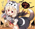  1girl animal_hood black_serafuku black_skirt blonde_hair blush commentary_request fang hair_between_eyes hair_flaps halloween halloween_costume hood kantai_collection long_hair neckerchief open_mouth paws pleated_skirt red_eyes red_neckwear remodel_(kantai_collection) school_uniform serafuku short_sleeves skirt solo speech_bubble tail translated wolf_tail yume_no_owari yuudachi_(kantai_collection) 