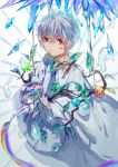  1boy absurdres barcode_tattoo branch crystal droplet glint highres looking_at_viewer mafumafu male_focus niconico orb rainbow red_eyes ribbon_trim solo standing tattoo water_drop watering_can white_background white_hair wide_sleeves yukikohuang 