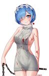  1girl absurdres artist_name blood blood_on_arm blood_on_breasts blood_on_face bloody_clothes blue_eyes blue_hair breasts chain closed_mouth eyebrows_visible_through_hair eyes_visible_through_hair fang grey_sweater hair_ornament hair_over_one_eye highres holding holding_weapon looking_at_viewer maid_headdress medium_breasts meme_attire re:zero_kara_hajimeru_isekai_seikatsu rem_(re:zero) simple_background smile solo sweater turtleneck turtleneck_sweater virgin_killer_sweater weapon white_background x_hair_ornament yjs0803123 