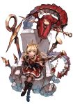  1girl bangs black_footwear black_legwear blonde_hair blush book boots bracelet cagliostro_(granblue_fantasy) cape chair crossed_legs dragon from_above granblue_fantasy hairband hankuri holding holding_book jewelry long_hair looking_at_viewer looking_up nail open_book open_mouth red_skirt simple_background sitting skirt smile solo thigh-highs tiara violet_eyes white_background world_flipper 