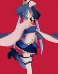  1girl ankle_boots armpits arms_up belt blue_footwear blue_hair blue_skirt boots breasts cape closed_eyes closed_mouth commentary detached_sleeves dot_nose english_commentary floating_hair frills gloves hair_between_eyes happy holding holding_sword holding_weapon leg_up light_smile mahou_shoujo_madoka_magica medium_breasts miki_sayaka pararade pleated_skirt red_background shadow short_hair sideboob sidelocks simple_background skirt smile solo standing standing_on_one_leg strapless sword thigh-highs weapon white_cape white_gloves white_legwear zettai_ryouiki 