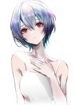  absurdres artist_name ayanami_rei bangs bare_shoulders blue_hair breasts chinese_commentary collarbone commentary dress hair_between_eyes hand_on_own_chest head_tilt highres kiji_(yuanruiy) medium_breasts neon_genesis_evangelion parted_lips red_eyes short_hair signature simple_background sundress upper_body white_background white_dress 